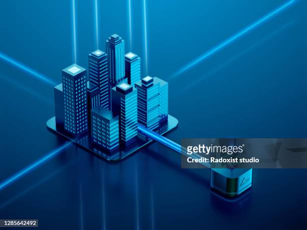 Blue isometric city skyscrapers with connection device
