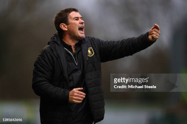 Mansfield manager Nigel Clough shouts instructions during the Sky Bet League Two match between Forest Green Rovers and Mansfield Town at The New Lawn...