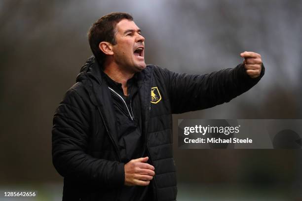 Mansfield manager Nigel Clough shouts instructions during the Sky Bet League Two match between Forest Green Rovers and Mansfield Town at The New Lawn...