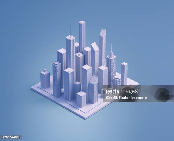 isometric white city 3d illustration - cartoon house stock-fotos und bilder