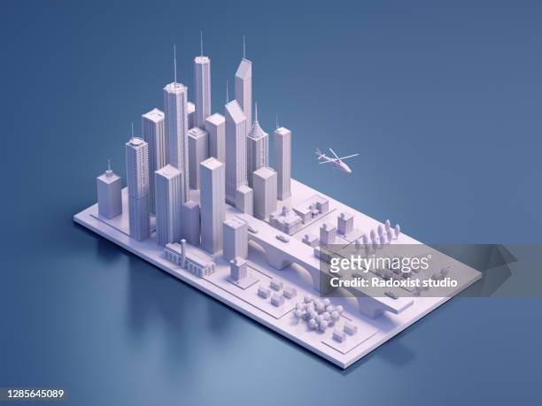 isometric white city 3d illustration - isometric town stock pictures, royalty-free photos & images
