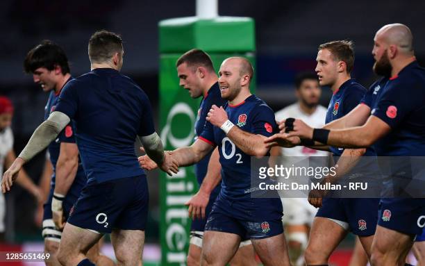 Dan Robson of England celebrates with teammates after scoring his sides 6th try during the 2020 Autumn Nations Cup, Quilter International match...