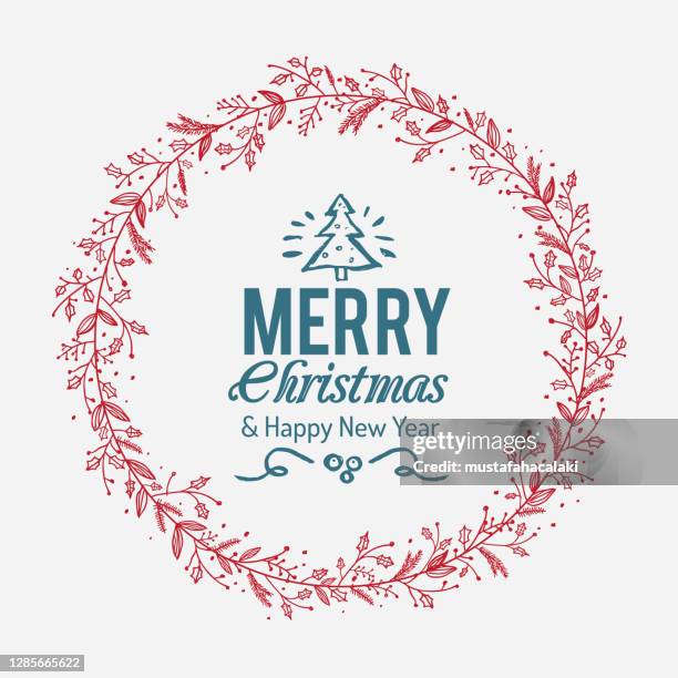 rot und petrol gefärbt handgezeichnet weihnachtskranz - christmas wreath stock-grafiken, -clipart, -cartoons und -symbole