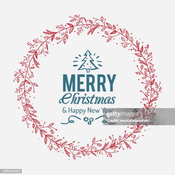 red and teal coloured hand drawn christmas wreath - laurel stock illustrations