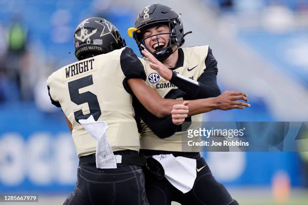 Ken Seals and Mike Wright of the Vanderbilt Commodores celebrate after a touchdown against the Kentucky Wildcats in the second quarter of the game at...