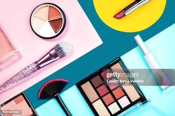 set of beauty products laid out on a colorful background. - korean beauty products stock pictures, royalty-free photos & images