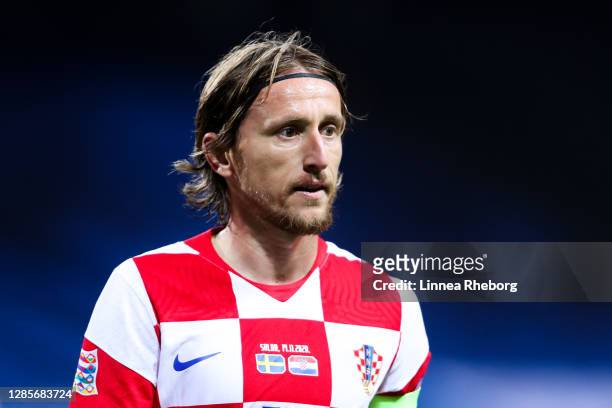 Luka Modric of Croatia looks on during the UEFA Nations League group stage match between Sweden and Croatia at Friends Arena on November 14, 2020 in...
