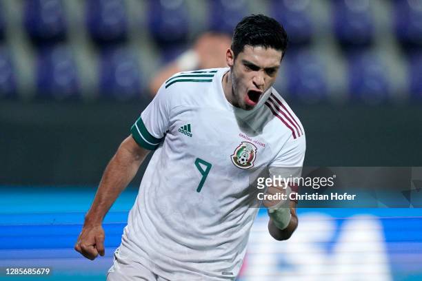 Raul Jimenez of Mexico celebrates after scoring his team's first goal during the international friendly match between Mexico and South Korea at...