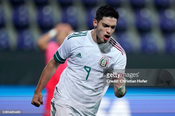 Wiener Neustadt, AUSTRIA Raul Jimenez of Mexico celebrates after scoring his team's first goal during the international friendly match between Mexico...