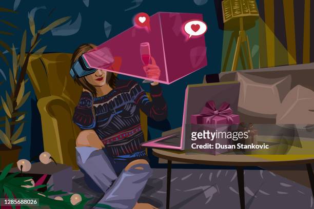 illustrazioni stock, clip art, cartoni animati e icone di tendenza di ragazza che indossa l'auricolare vr e si diverte - virtual reality glass vector