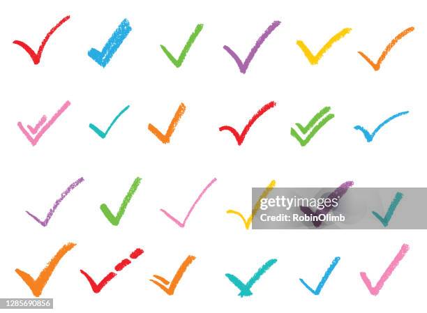 ilustraciones, imágenes clip art, dibujos animados e iconos de stock de marcas de cheques de crayón colorido - lápiz de color