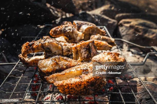 fish grilled on a barbecue, cooking on coal - perch imagens e fotografias de stock