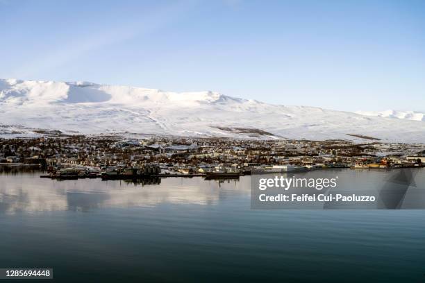 coast of akureyri, north iceland - akureyri stock-fotos und bilder