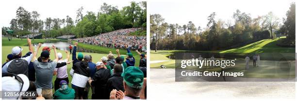 In this "then and now" composite: ** LEFT IMAGE** Patrons cheer as Tiger Woods of the United States celebrates his birdie on the 16th green during...