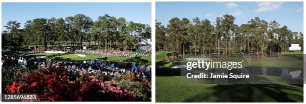 In this "then and now" composite: ** LEFT IMAGE** A general view of the play on the 16th hole during the second round of the 2010 Masters Tournament...
