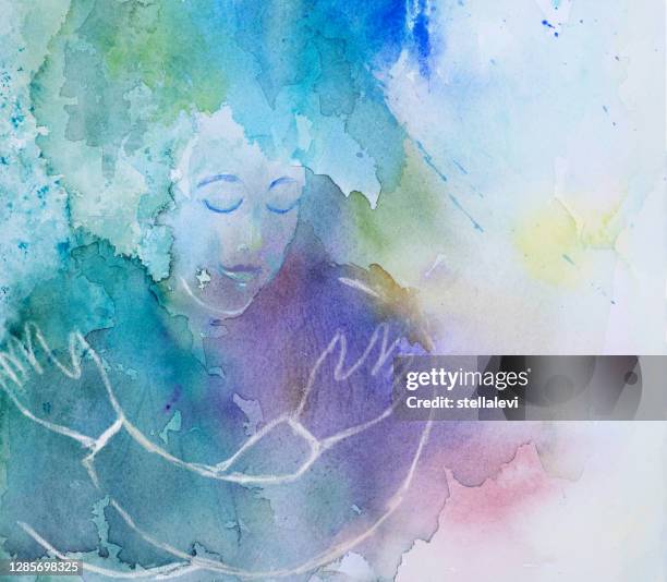 self hug - woman embracing herself - watercolor painting - respect woman stock illustrations