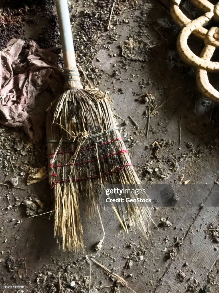 A rotted old broom lying on the floor