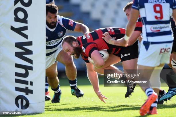 Oliver Jager of Canterbury dives over to score a try during the round 10 Mitre 10 Cup match between Canterbury and Auckland at Orangetheory Stadium...