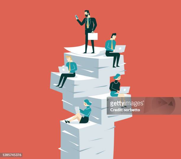 ilustrações de stock, clip art, desenhos animados e ícones de business people sitting on piles of documents working - burocracia