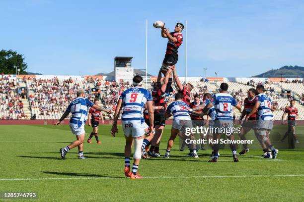 Reed Prinsep of Canterbury wins a lineout during the round 10 Mitre 10 Cup match between Canterbury and Auckland at Orangetheory Stadium on November...