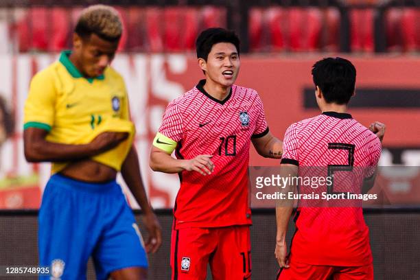 Lee Donggyeong of Korea Republic celebrating his goal with his teammate Kang Yoonseong during the match between Brazil U23 and Korea Republic U23 at...