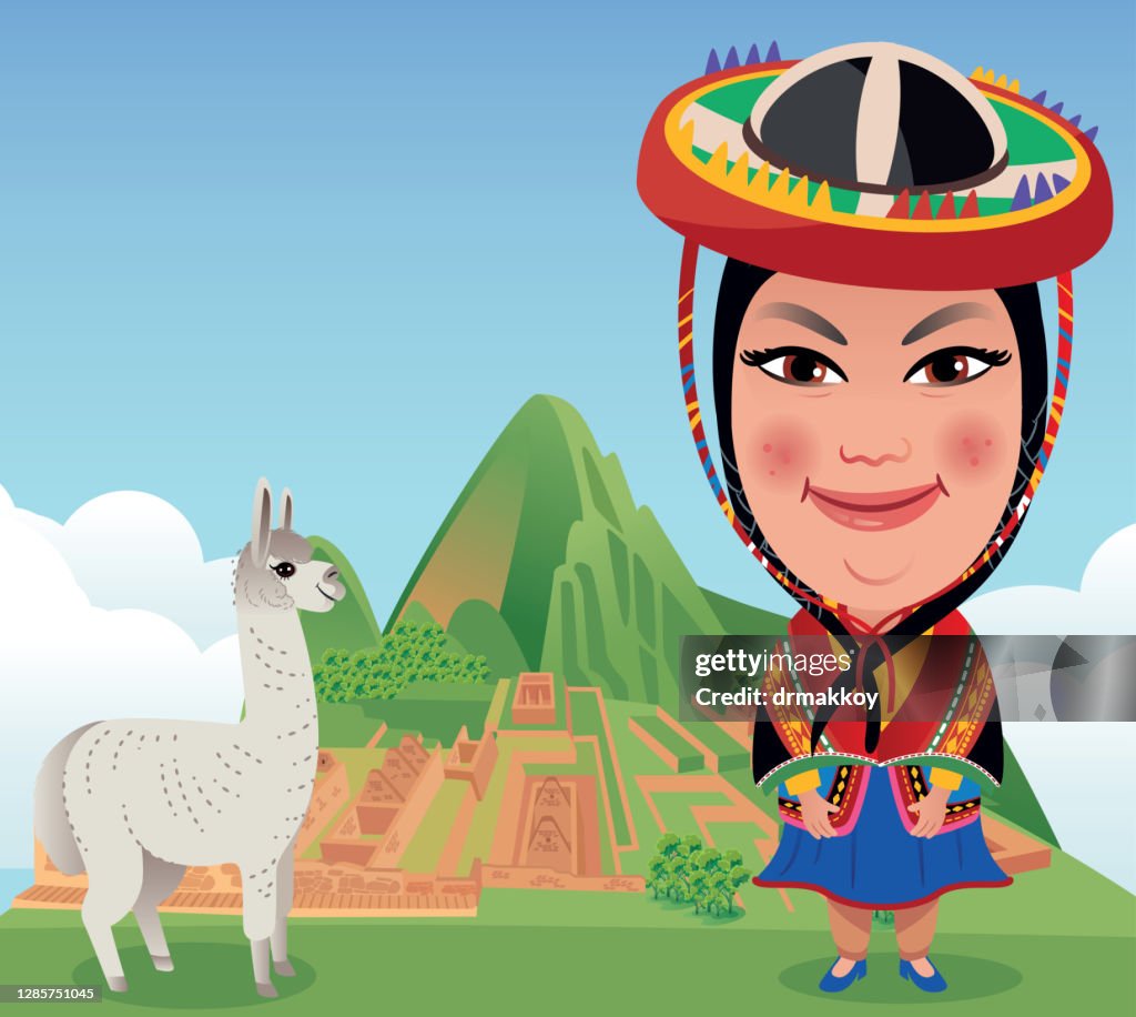 Machu Picchu and Peruvian woman