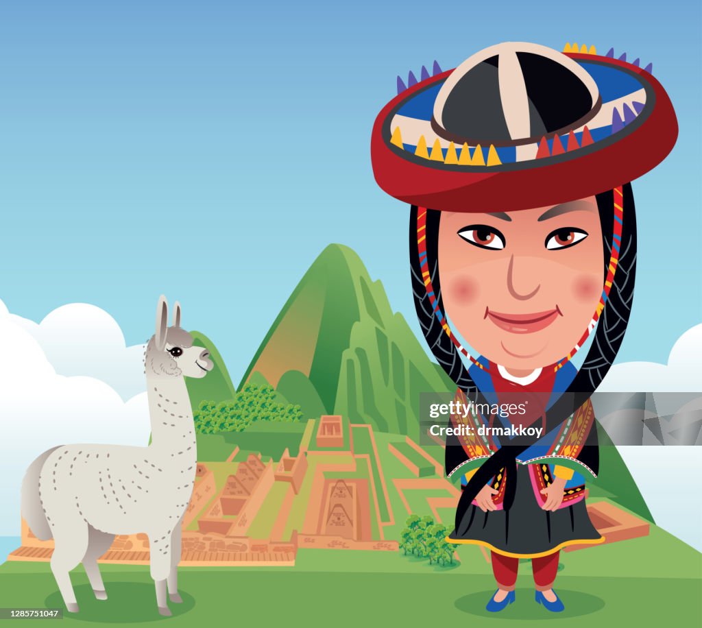 Machu Picchu and Peruvian woman