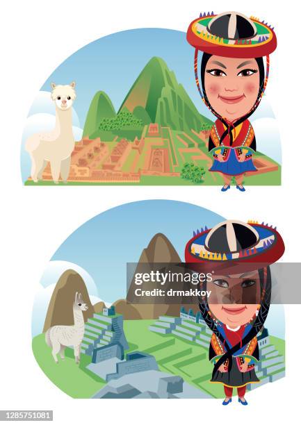 machu picchu und peruanische frau - machu picchu stock-grafiken, -clipart, -cartoons und -symbole