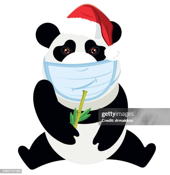 medical masked panda and santa hat - sick panda stock illustrations