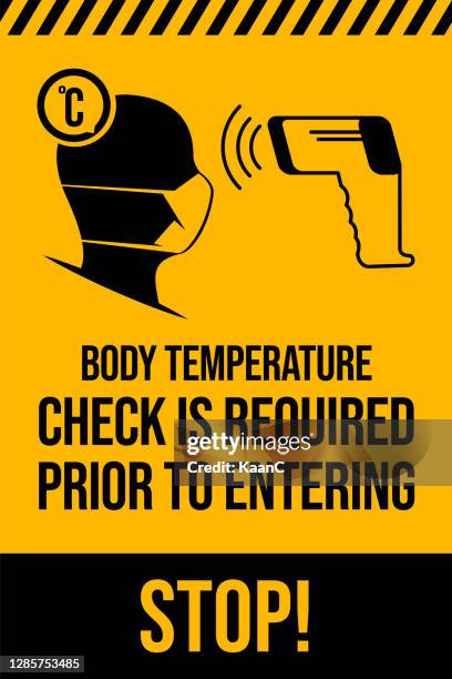 checking body temperature warning sign. warning sign about coronavirus, covid-19 or flu vector illustration. body temperature vector icon. - temperature screening stock illustrations