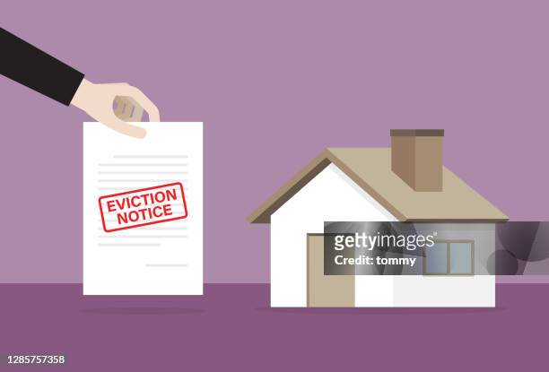 house with an eviction notice document - information sign stock illustrations