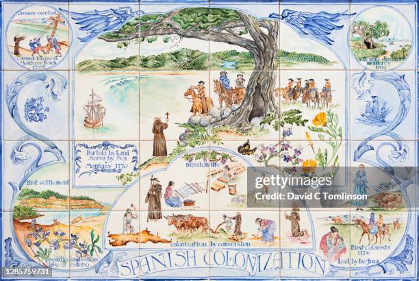 colourful tiled mural depicting the spanish colonization of california, monterey state historic park, monterey, california, usa - spanish colonial stock pictures, royalty-free photos & images