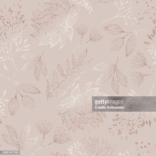 rose gold colored floral seamless pattern with hand drawn leaves, bloosoms and branches. christmas and new year greeting card background template, christmas present wrapping paper.  rose gold foil vector design element for birthday, new year, christmas ca - red gold party stock illustrations