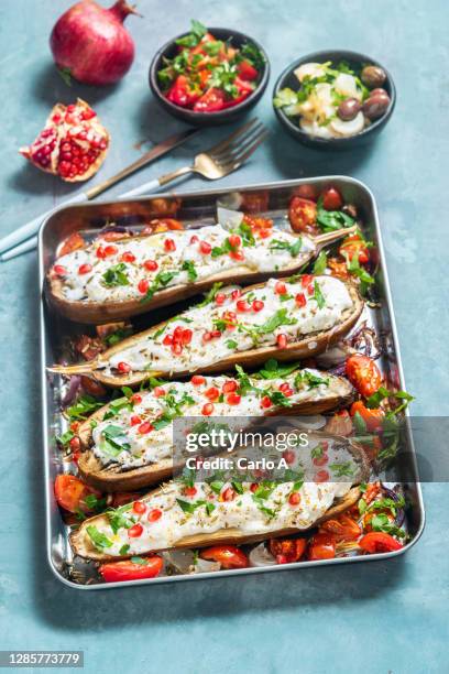 baked eggplants with yogurt based sauce and pomegranate - aubergine fotografías e imágenes de stock