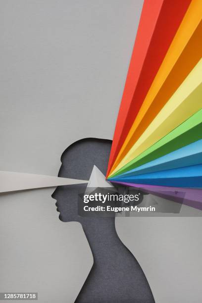 paper head with prism and rainbow - smart decisions stock pictures, royalty-free photos & images