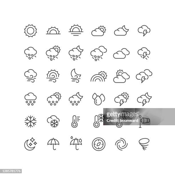 illustrazioni stock, clip art, cartoni animati e icone di tendenza di 36 icone linea meteo tratto modificabile - tempo atmosferico