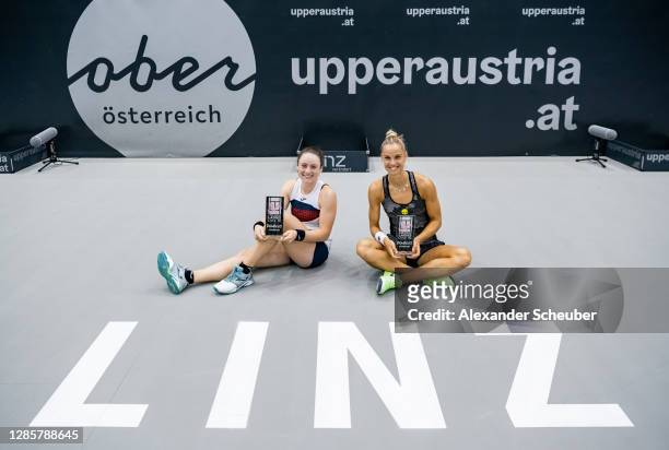 Tamara Zidansek of Slovenia and Arantxa Rus of the Netherlands celebrate the victory during the finals of the Upper Austria Ladies Linz at TipsArena...