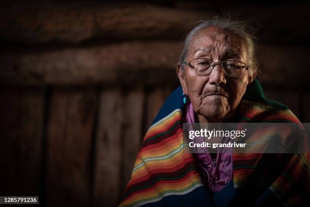 a fine art portrait of an elderly navajo grandmother in her authentic hogan in monument valley, arizona - aztec face stock pictures, royalty-free photos & images