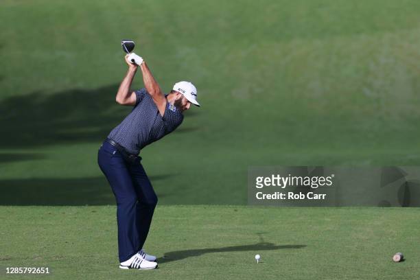 Dustin Johnson of the United States plays his shot from the third tee during the final round of the Masters at Augusta National Golf Club on November...
