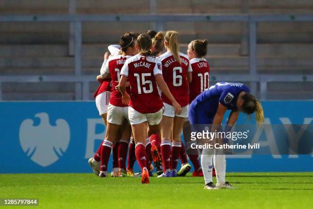 Beth Mead of Arsenal celebrates with teammates after scoring her team's first goal during the Barclays FA Women's Super League match between Arsenal...