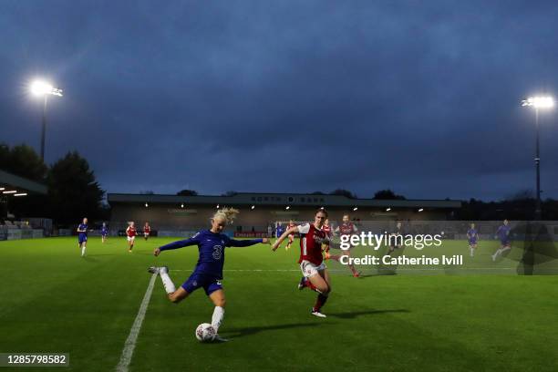 Lotte Wubben-Moy of Arsenal goes to block a shot by Pernille Harder of Chelsea which leads to an own goal for Arsenal and the first goal for Chelsea...