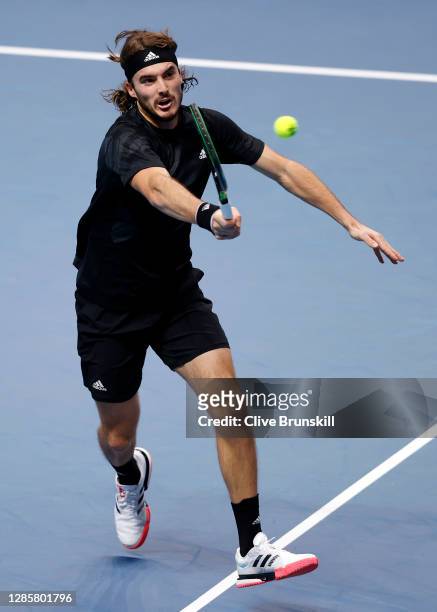 Stefanos Tsitsipas of Greece in action during his round robin match against Dominic Thiem of Austria during their first round robin match on Day one...