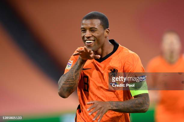 Georginio Wijnaldum of Netherlands celebrates after scoring his team's first goal during the UEFA Nations League group stage match between...