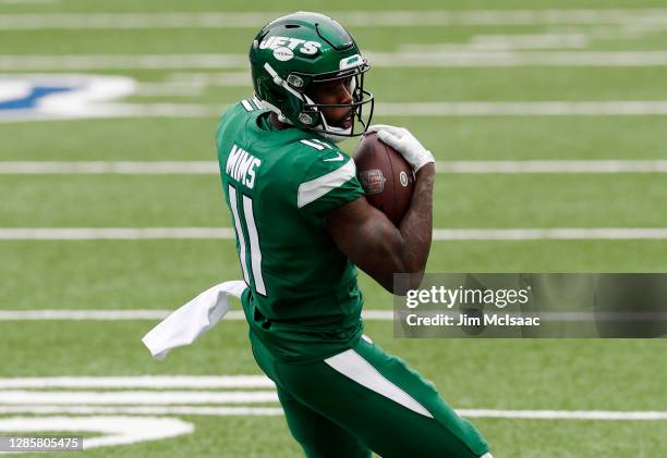 Denzel Mims of the New York Jets in action against the Buffalo Bills at MetLife Stadium on October 25, 2020 in East Rutherford, New Jersey. The Bills...