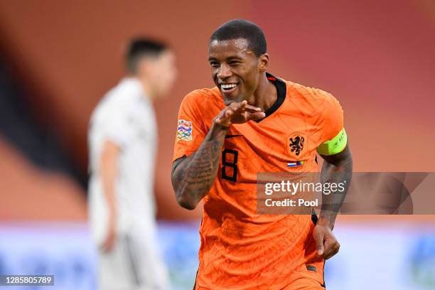 Georginio Wijnaldum of Netherlands celebrates after scoring his team's second goal during the UEFA Nations League group stage match between...