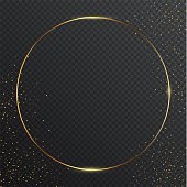 Thin round golden geometric border and confetti on dark transparent background. Glossy circle banner with copyspace. Vector elegant colorful wallpaper design
