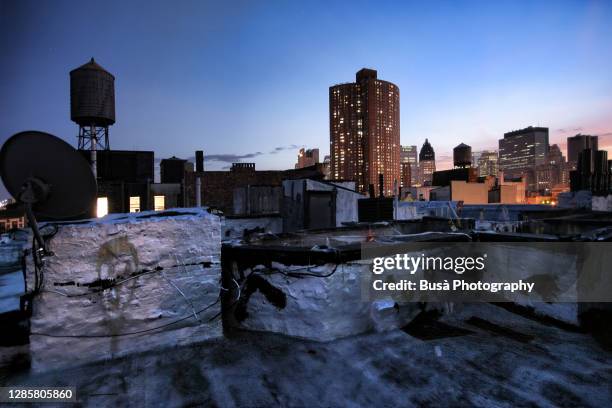 panoramic view towards from rooftop in manhattan, at twilight. new york city, usa - amerikanische kontinente und regionen stock-fotos und bilder