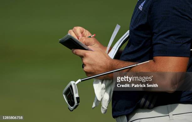Detail as Jon Rahm of Spain marks his scorecard on the ninth green during the final round of the Masters at Augusta National Golf Club on November...