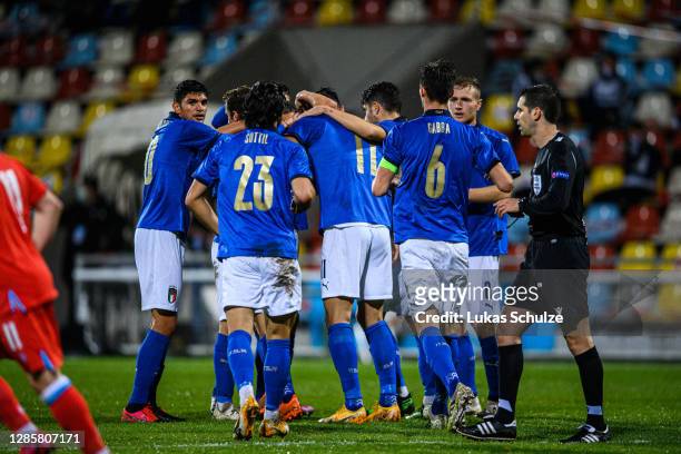 Scorer Gianluca Scamacca of Italy celebrates his team's first goal with team mates during the UEFA Euro Under 21 Qualifier match between Luxembourg...