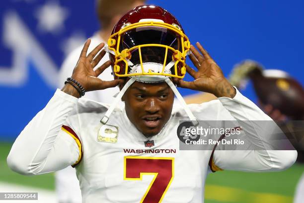 Dwayne Haskins of the Washington Football Team looks on prior to their game against the Detroit Lions at Ford Field on November 15, 2020 in Detroit,...